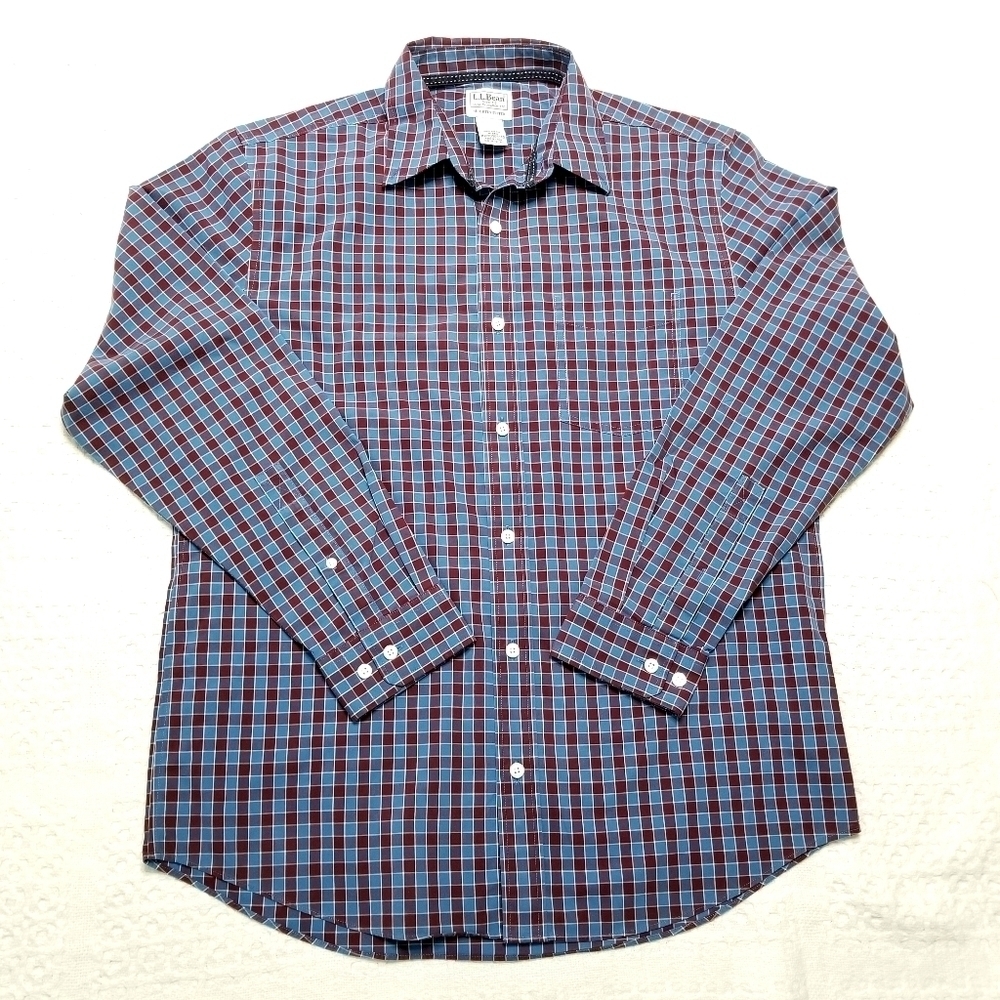 L.L. Bean Blue Burgundy Plaid Longsleeve Buttondown Casual Cotton Shirt, M-Reg